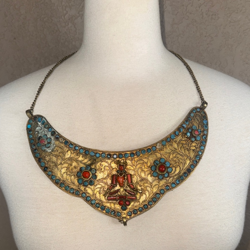 Vintage Tibetan Goddess Bib Nepali Gold Tone Necklace